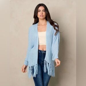 NWOT LIGHT BLUE OPEN FRONT
FRINGE CARDIGAN SIZE SMALL